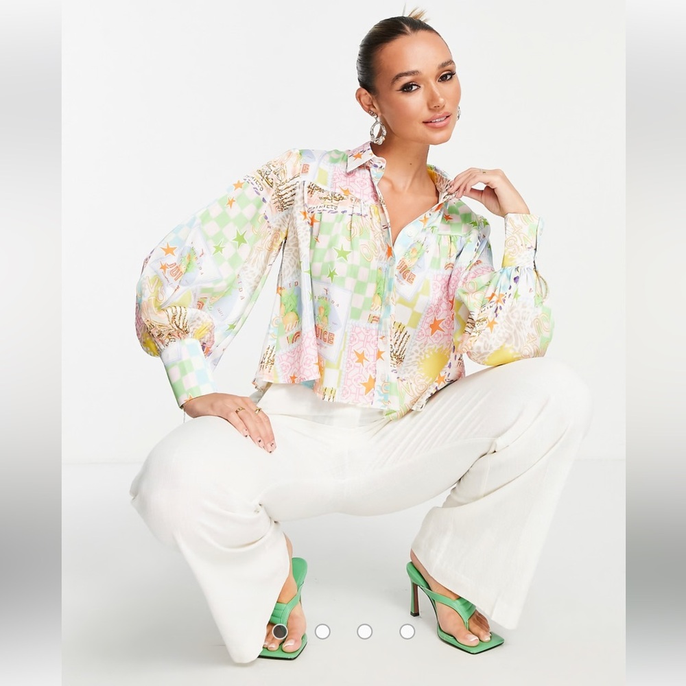 ASOS‎ DESIGN Postcard Novelty Print Smock Blouse Puff Sleeves Satin Top Sz 6